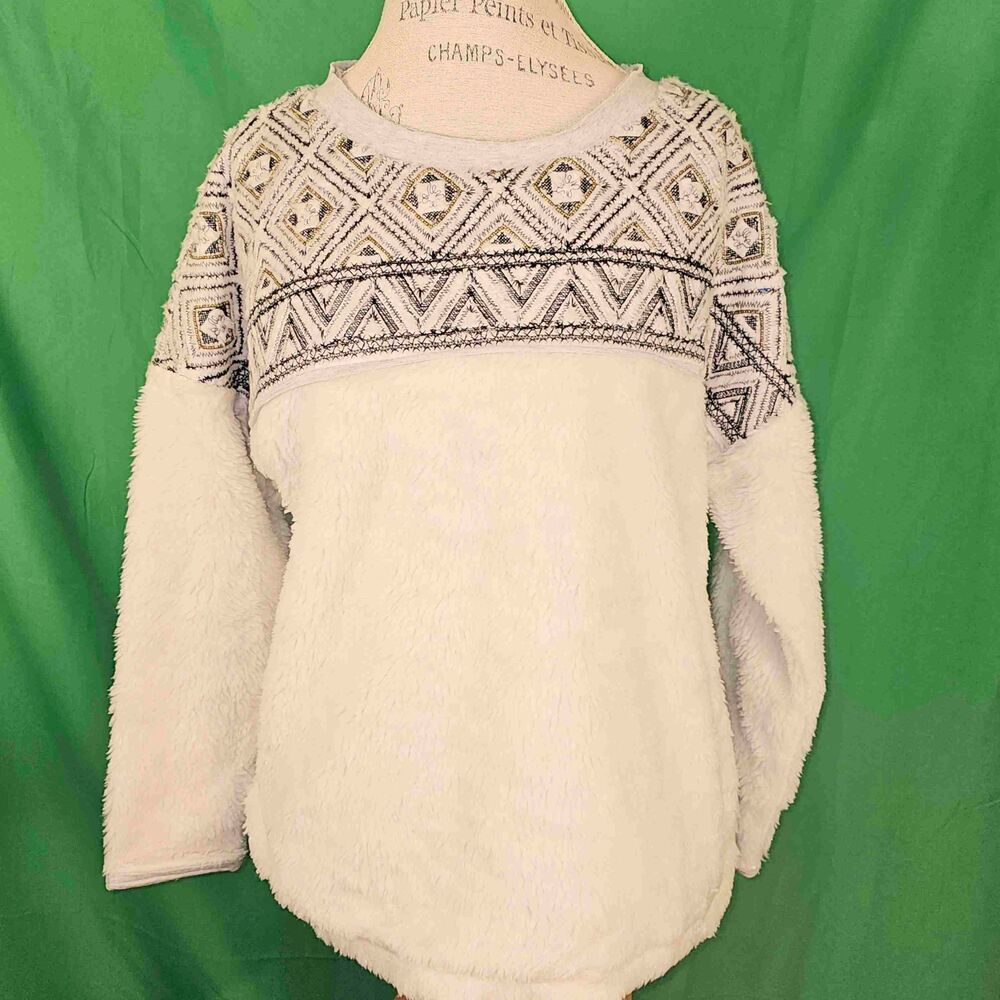 Sundance Womens Off White Embroidered Embellished Sherpa Sweater Large